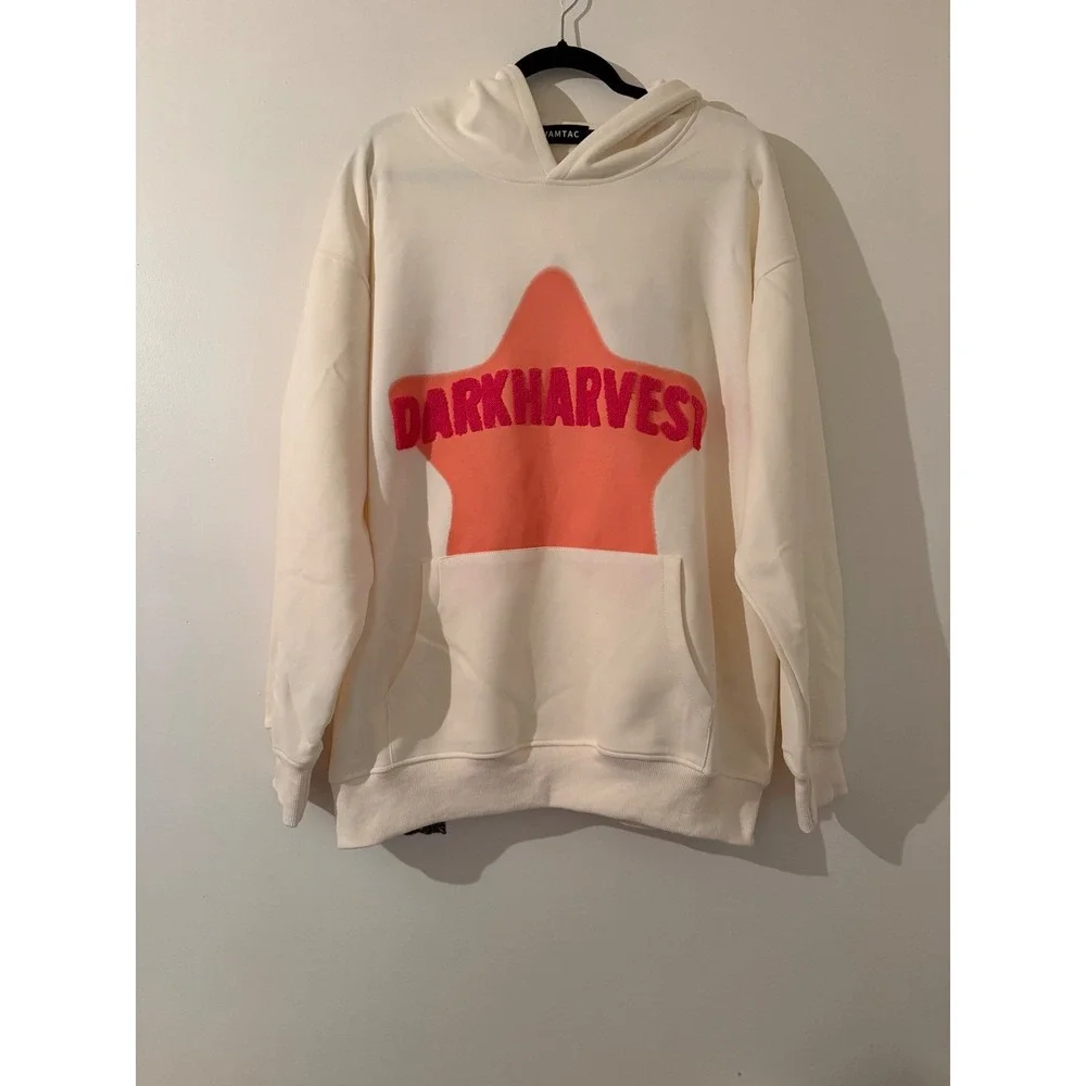 VAMTAC Dark Harvest Star Embroidered Oversized Hoodie Pullover Cream Pink Medium
